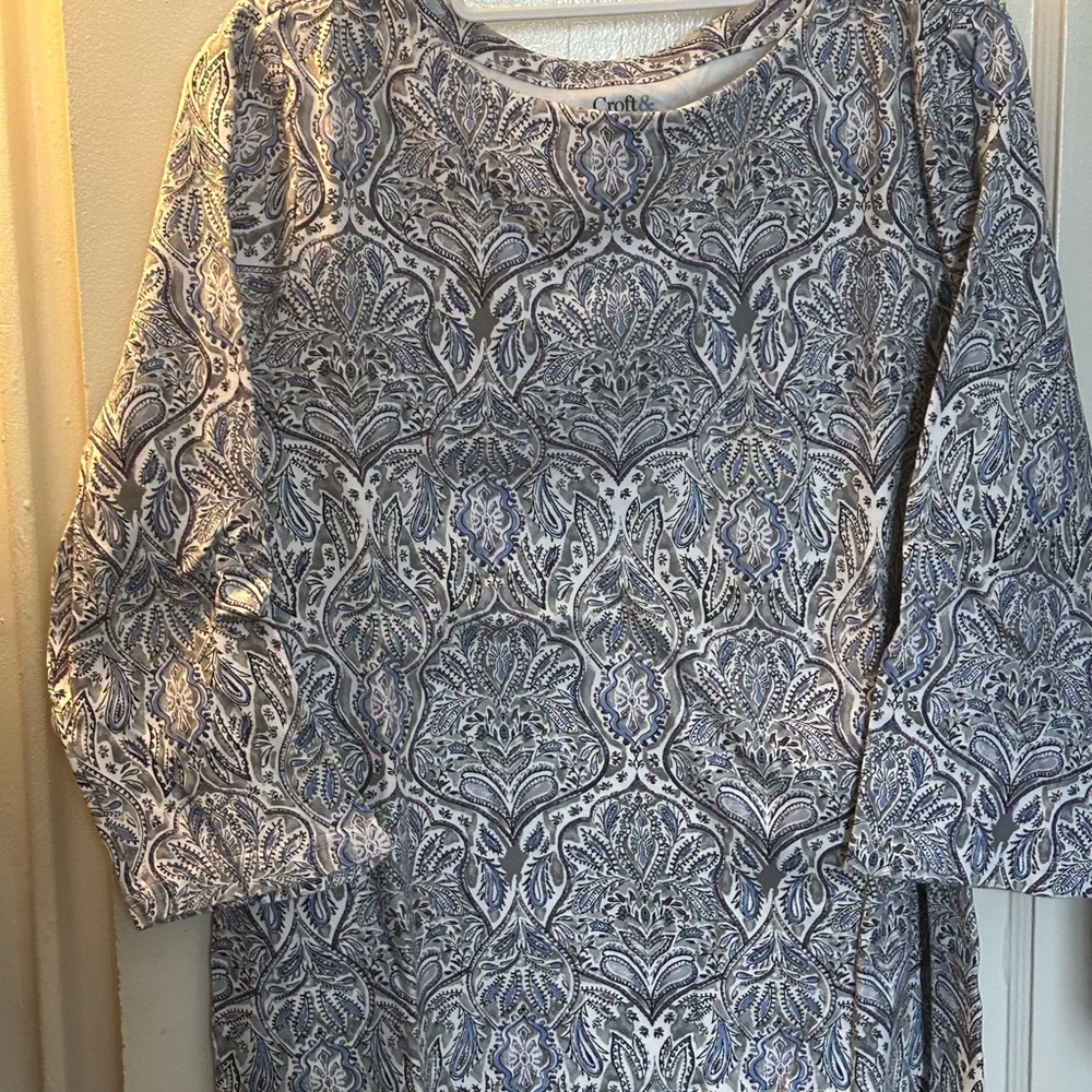 croft & barrow Blue and White Paisley-Style Long Sleeve Tee